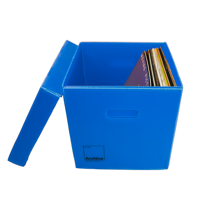 Sturdy vinyl storage box designed for organising and protecting vinyl records, featuring a sleek design and secure lid.