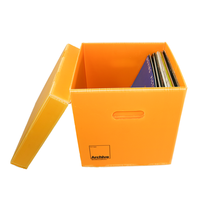 Sturdy vinyl storage box designed for organising and protecting vinyl records, featuring a sleek design and secure lid.