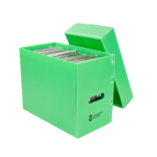 Sturdy, acid-free comic short box for organising and protecting your collection. Durable exterior with a secure lid to preserve your comics in pristine condition.