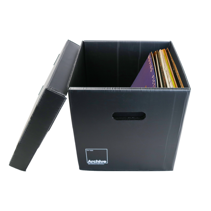 Sturdy vinyl storage box designed for organising and protecting vinyl records, featuring a sleek design and secure lid.