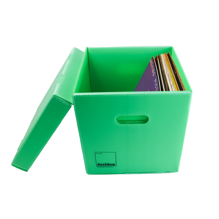 Sturdy vinyl storage box designed for organising and protecting vinyl records, featuring a sleek design and secure lid.