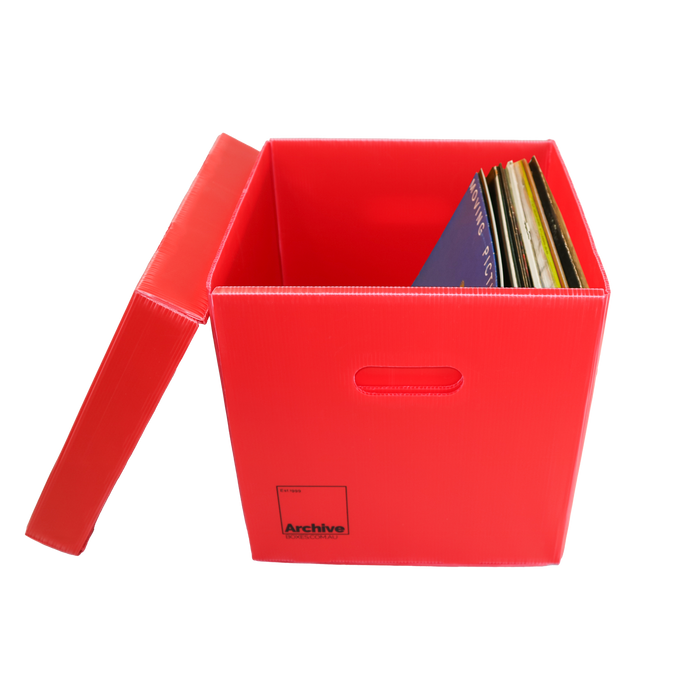 Sturdy vinyl storage box designed for organising and protecting vinyl records, featuring a sleek design and secure lid.