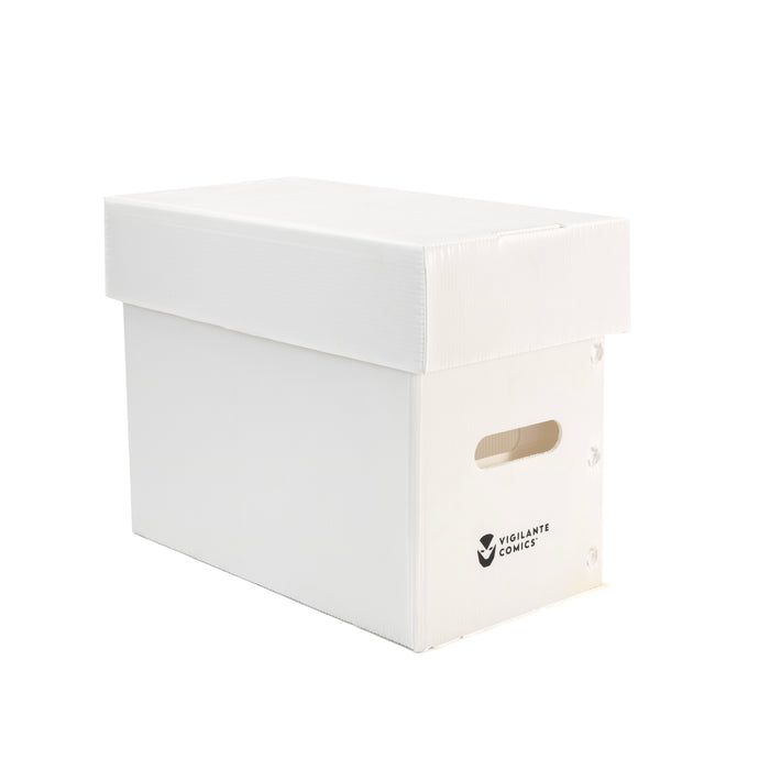 Sturdy, acid-free comic short box for organising and protecting your collection. Durable exterior with a secure lid to preserve your comics in pristine condition.